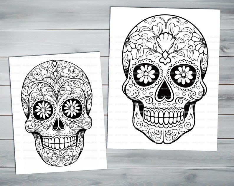 Calavera skull PDF coloring book Printable colouring pages for adults mexican traditions day of the dead halloween skull and flowers image 3