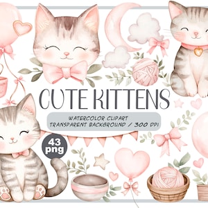 Clipart de lindo gato bebé en acuarela - Decoración de fiesta de gatitos de dibujos animados - Gráfico de baby shower - Pegatinas digitales tiernas en tonos pastel estilo guardería infantil
