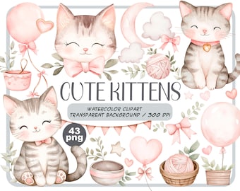Aquarell niedliche Baby Katze Clipart - Cartoon Kätzchen Party Dekor - Baby Shower Grafik - Kinder-Kinderzimmer-Stil-pastell zarte digitale Aufkleber