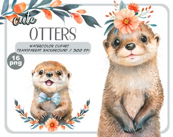 Watercolor cute baby otters clipart - Realistic otter with flower-Baby Shower Graphics-Nursery Decor Wall Art-wild animals portrait PNG
