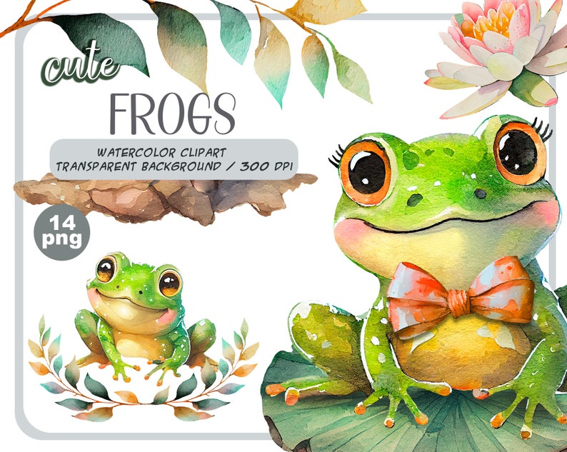 Watercolor cute baby frogs clipart-Realistic frog with flower-Baby Shower Graphics-Nursery Decor Wall Art-Woodland Animal-Amphibian portrait image 1