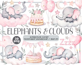 Aquarell Elefant Clipart: Baby Dusche Kinderzimmer Dekor (digitaler Download)