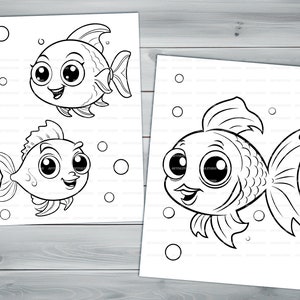 Kawaii fish PDF coloring book Printable colouring pages for kids Cartoon cute small fish, underwater scene, goldfish thick outlines image 3