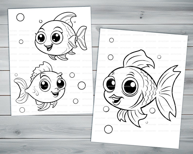 Kawaii fish PDF coloring book Printable colouring pages for kids Cartoon cute small fish, underwater scene, goldfish thick outlines image 3