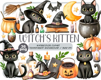 Aquarell niedliche Hexe Clipart - Halloween schwarze Katze Illustration - Herbst Dekor Kompositionen-Kürbisse, Hexenhut, Fledermaus, Trank png