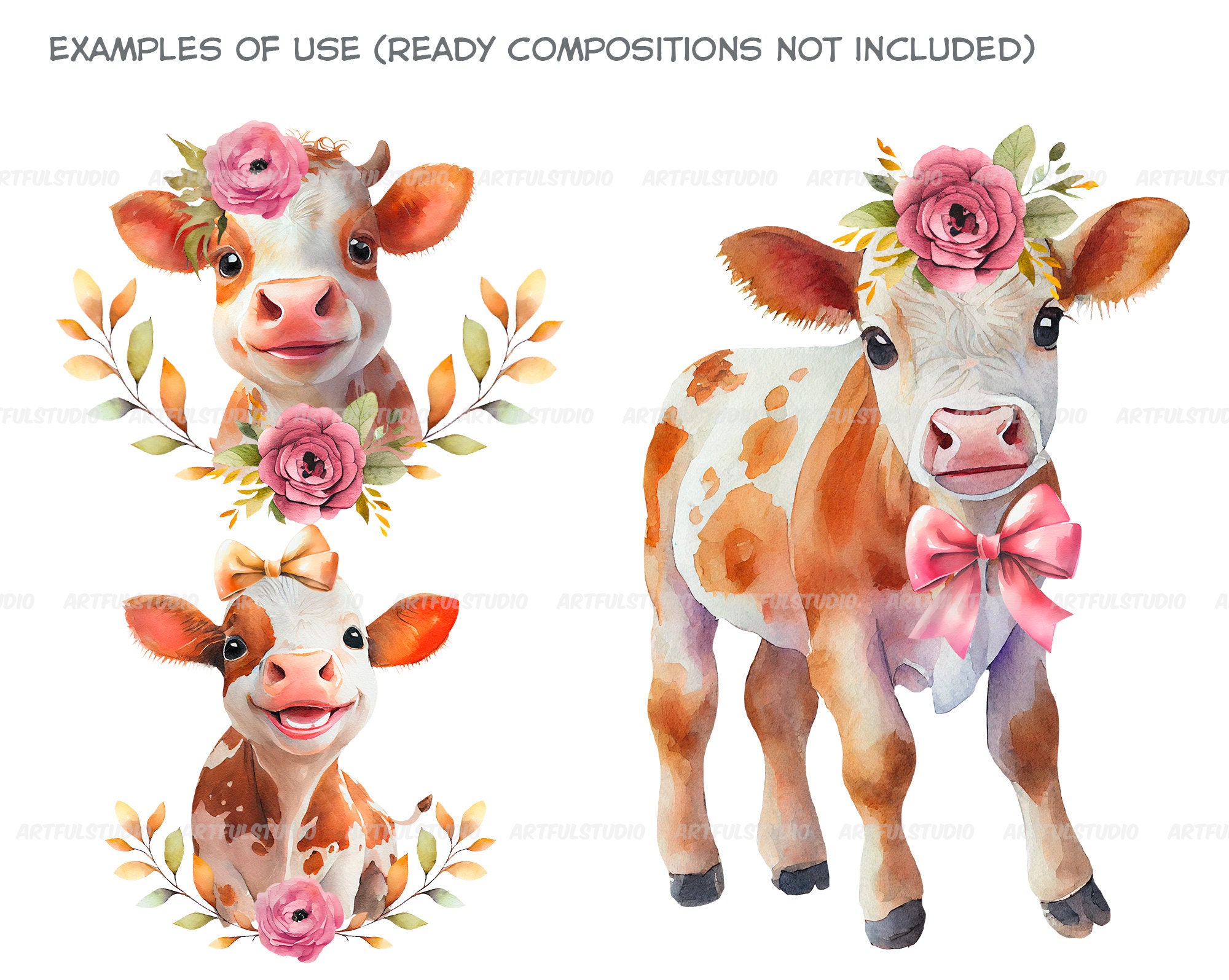 Watercolor Cute Baby Cows Clipart-realistic Calfs With - Etsy