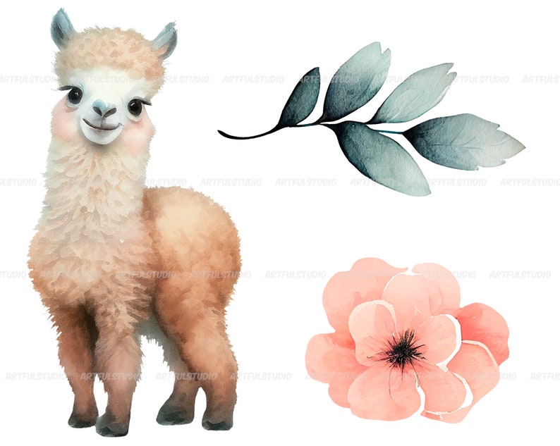 Watercolor cute baby llamas clipart-Realistic lama with flower-Baby Shower Graphics-Nursery Decor Wall Art-American Animal-alpaca portrait image 3