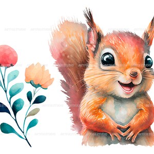 Watercolor cute baby squirrels clipart-Realistic squirrel with flower-Baby Shower Graphics-Nursery Decor Wall Art-Woodland Animal-pet png image 5