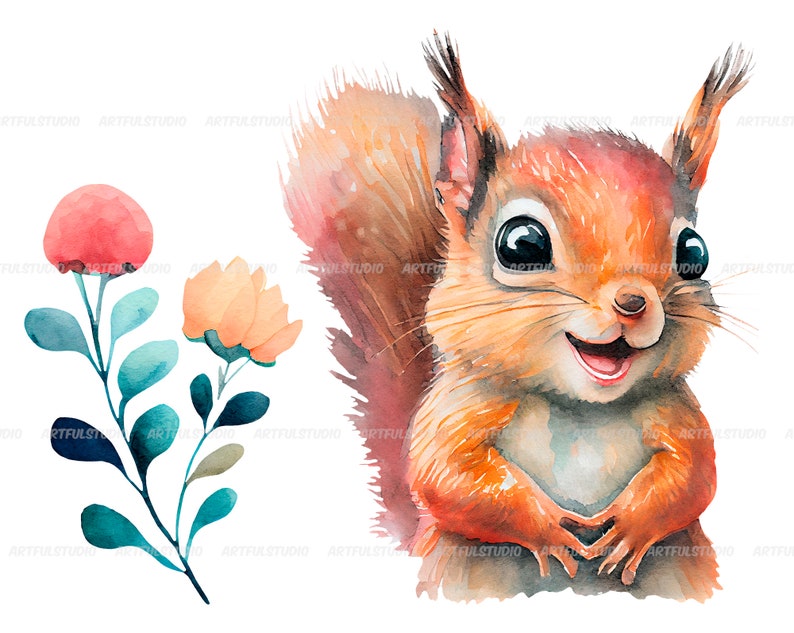 Watercolor cute baby squirrels clipart-Realistic squirrel with flower-Baby Shower Graphics-Nursery Decor Wall Art-Woodland Animal-pet png image 5