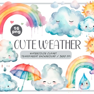 Acuarela lindo clima clipart - feliz baby shower arco iris -invitación de cumpleaños del bebé- decoración de la guardería - sol, nubes, lluvia, gota, arco iris PNG