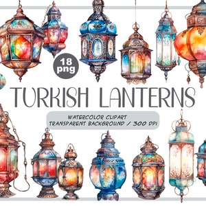 May include: 18 watercolour illustrations of Turkish lanterns in various colours and designs, including red, blue, green, and gold. The lanterns are hanging from chains and have intricate details. The text "TURKISH LANTERNS" is written in a decorative font below the lanterns.  WATERCOLOUR CLIPART TRANSPARENT BACKGROUND / 300 DPI