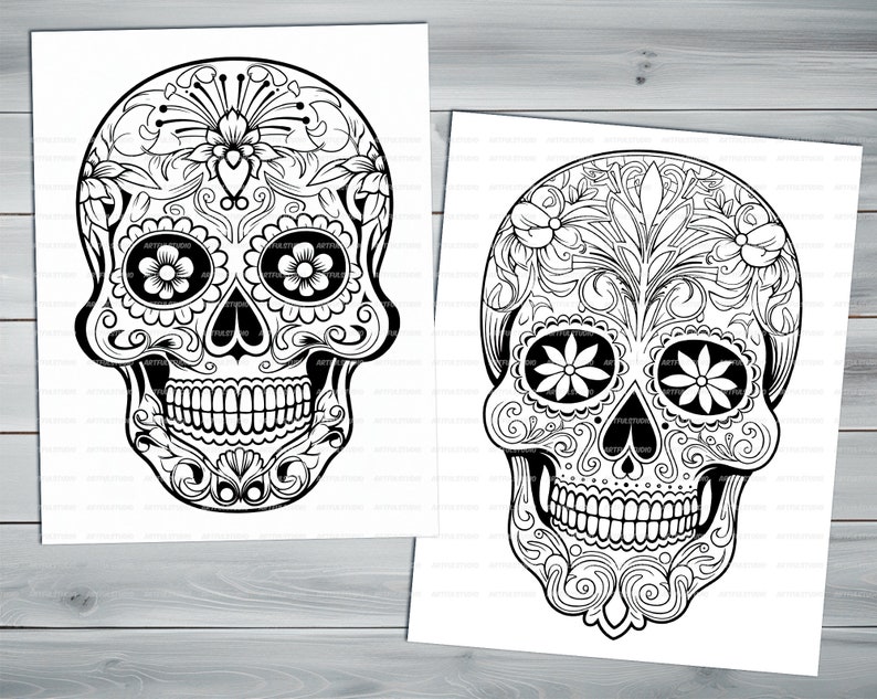Calavera skull PDF coloring book Printable colouring pages for adults mexican traditions day of the dead halloween skull and flowers image 4