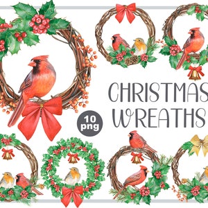 Watercolor christmas wreaths clipart-circle frame with winter birds PNG-red and green holiday-christmas composition-red cardinal, robin bird image 1