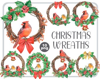 Aquarell Weihnachtskränze: Vögel, Roter Kardinal (PNG Digital Download)