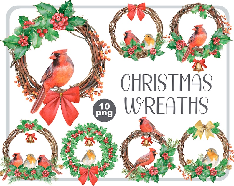 Watercolor christmas wreaths clipart-circle frame with winter birds PNG-red and green holiday-christmas composition-red cardinal, robin bird image 1