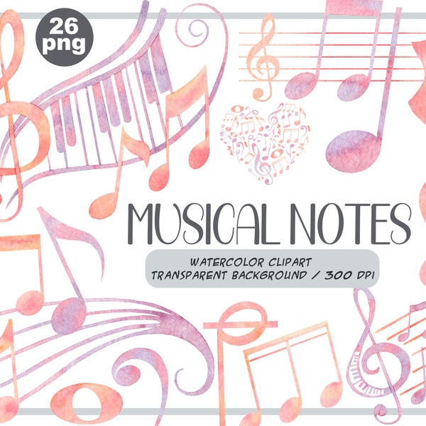 Watercolor musical notes clipart - musical key png - musical notation illustrations - pastel colors - for musicians - melody digital art