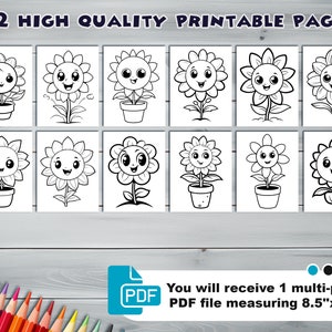 Kawaii flowers PDF coloring book Printable colouring pages for kids Cartoon potted flower, sunflower, houseplant thick outlines image 2