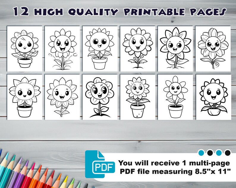 Kawaii flowers PDF coloring book Printable colouring pages for kids Cartoon potted flower, sunflower, houseplant thick outlines image 2