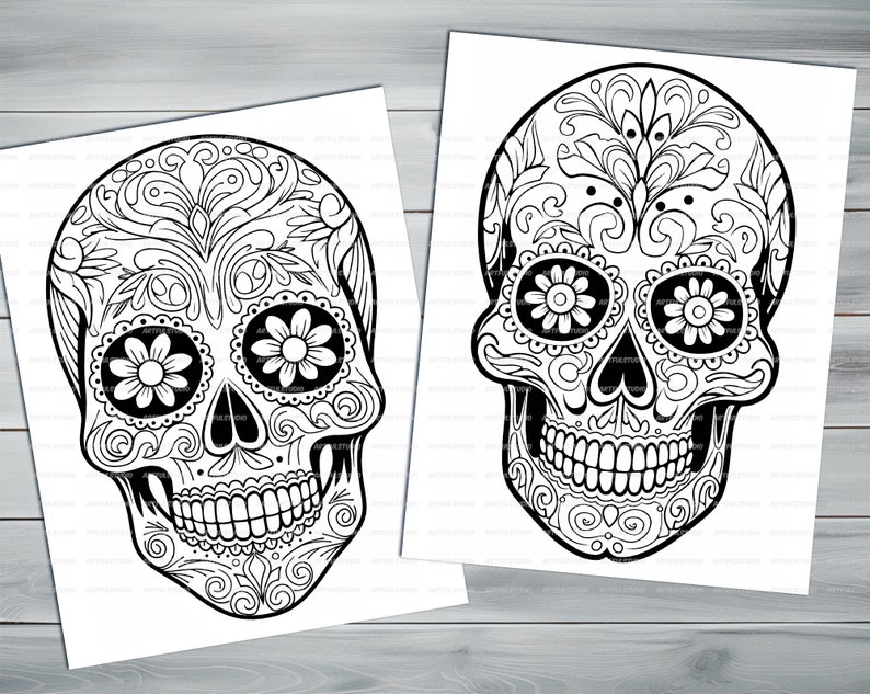 Calavera skull PDF coloring book Printable colouring pages for adults mexican traditions day of the dead halloween skull and flowers image 6