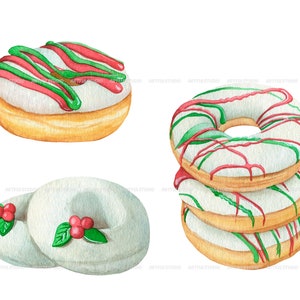 Watercolor Christmas donuts clipart snowman, santa, gift donuts, holiday food sweet, desserts, pastries, chocolate doughnut sublimation image 7