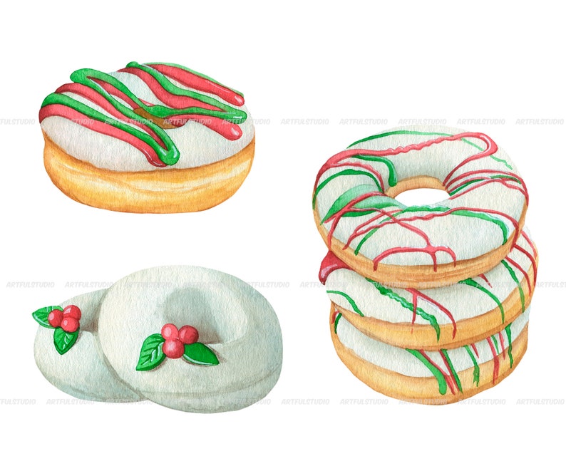 Watercolor Christmas donuts clipart snowman, santa, gift donuts, holiday food sweet, desserts, pastries, chocolate doughnut sublimation image 7