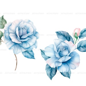 Watercolor blue delicate roses clipart flower illustration floral arrangements, dusty light blue rose pastel vintage wedding flowers image 7