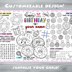Customizable donuts Party Placemat Happy Birthday coloring book Personalized Printable coloring page Sweets Custom Birthday Party image 3
