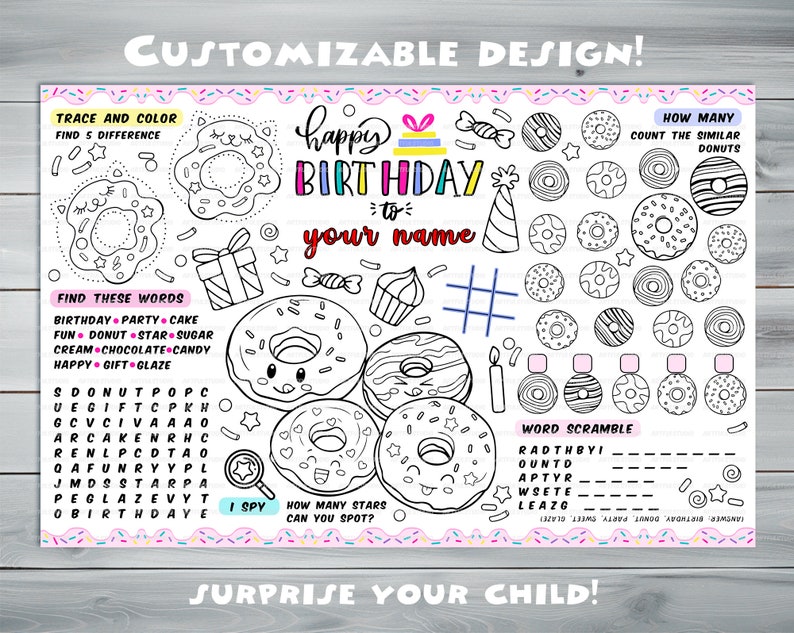 Customizable donuts Party Placemat Happy Birthday coloring book Personalized Printable coloring page Sweets Custom Birthday Party image 3