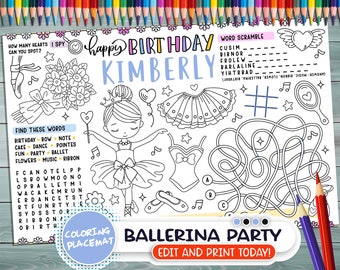 Bearbeitbares Ballerina-Geburtstagsfeier-Tischset: Farbaktivität (Digitaler Download)