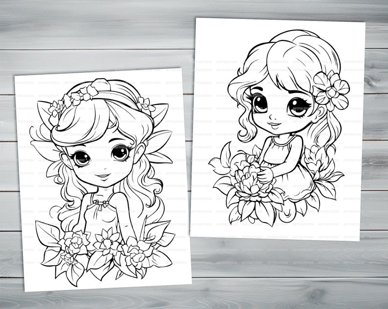 Flower fairies PDF coloring book Printable colouring pages for kids Cartoon floral fairy thick outlines for children's creativity image 4