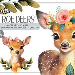 Watercolor cute baby roe deers clipart-Realistic deer with flower-Baby Shower Graphic-Nursery Decor Wall Art-forest Animal-pet portrait-fawn