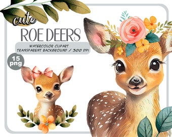 Watercolor cute baby roe deers clipart-Realistic deer with flower-Baby Shower Graphic-Nursery Decor Wall Art-forest Animal-pet portrait-fawn