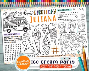 Eis Geburtstagsparty Tischset: Personalisierte Malseite (Digitaler Download)
