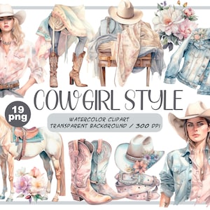 Watercolor cowgirl style clipart-pastel cowgirl-wild western PNG-country girl-cowboy boots, hat, jacket-wild west-neutral flower arrangement
