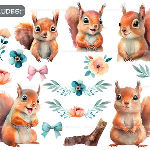 Watercolor cute baby squirrels clipart-Realistic squirrel with flower-Baby Shower Graphics-Nursery Decor Wall Art-Woodland Animal-pet png image 2