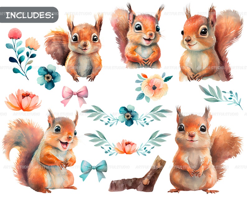 Watercolor cute baby squirrels clipart-Realistic squirrel with flower-Baby Shower Graphics-Nursery Decor Wall Art-Woodland Animal-pet png image 2