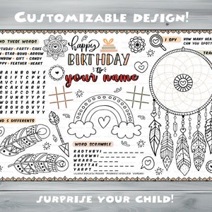 Customizable boho Party Placemat Happy Birthday coloring book Personalized Printable coloring page boho Feathers Custom Birthday Party image 3