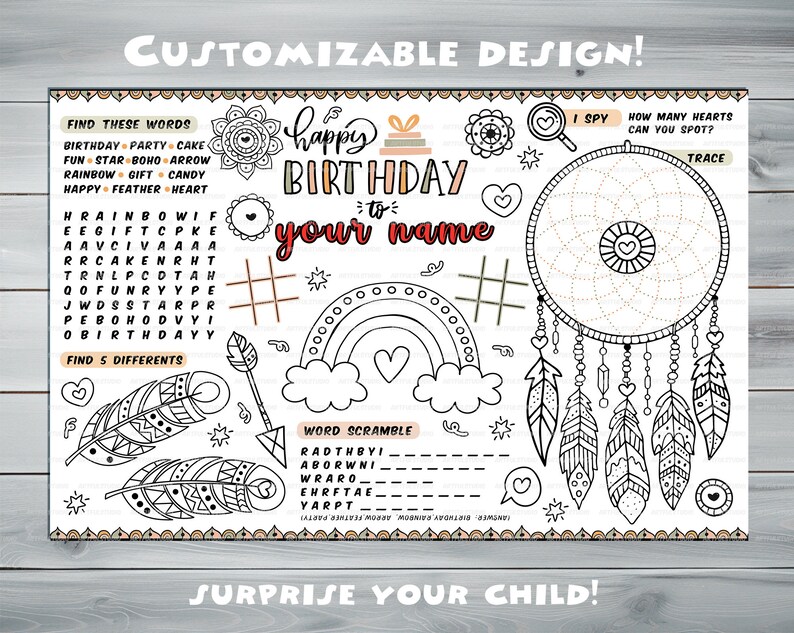 Customizable boho Party Placemat Happy Birthday coloring book Personalized Printable coloring page boho Feathers Custom Birthday Party image 3