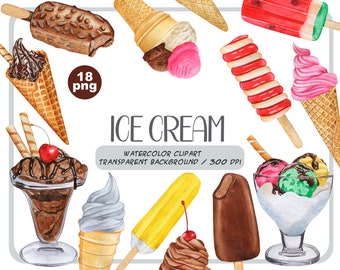 Watercolor ice cream clipart -summer ice cream cone PNG-cold sweets-food illustration-delicious cold desserts-for Scrapbook-Instant download