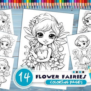 Flower fairies PDF coloring book Printable colouring pages for kids Cartoon floral fairy thick outlines for children's creativity image 1