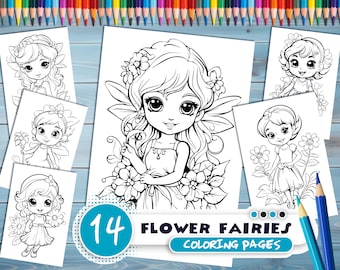 Flower fairies PDF coloring book - Printable colouring pages for kids - Cartoon floral fairy -thick outlines -for children's creativity