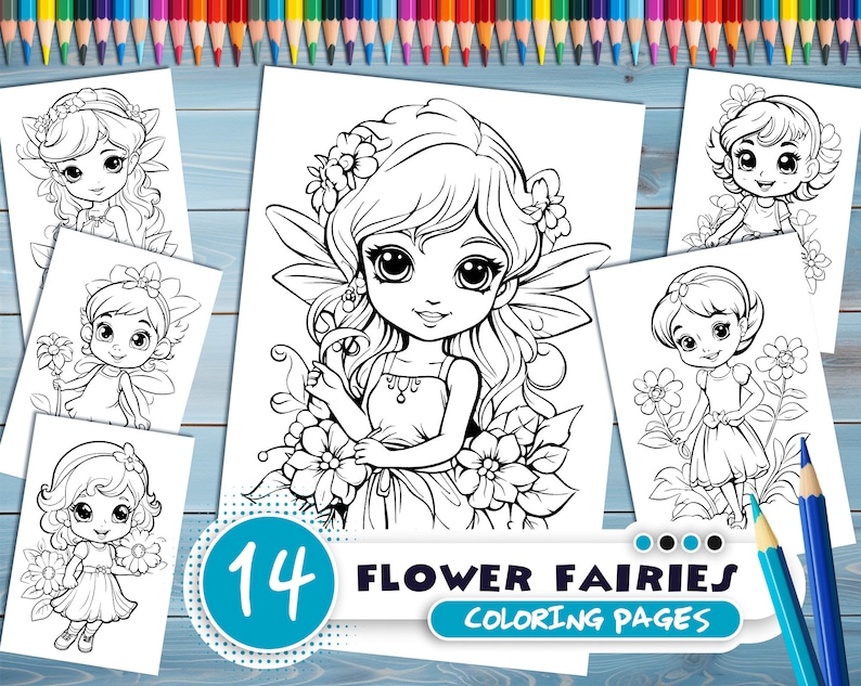 Flower fairies PDF coloring book Printable colouring pages for kids Cartoon floral fairy thick outlines for children's creativity image 1