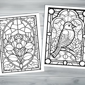 Stained glass PDF coloring book Printable colouring pages for adults colorful glass, mosaic pattern stained-glass window for coloring image 5