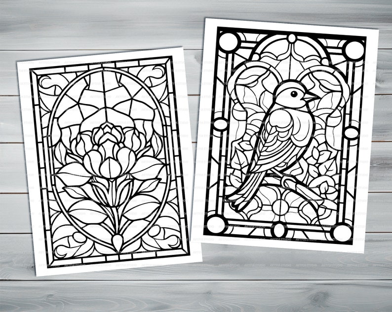 Stained glass PDF coloring book Printable colouring pages for adults colorful glass, mosaic pattern stained-glass window for coloring image 5