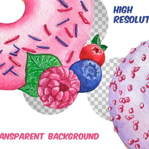 Watercolor donuts clipart sweets illustrations berry, chocolate donuts with glaze festive food, desserts, pastries-doughnut sublimation image 8