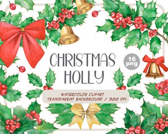 Aquarell Weihnachten Holly Clipart: Kränze, Glocken, Schleifen (PNG)