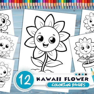 Kawaii flowers PDF coloring book Printable colouring pages for kids Cartoon potted flower, sunflower, houseplant thick outlines image 1
