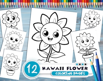 Kawaii flowers PDF coloring book - Printable colouring pages for kids - Cartoon potted flower, sunflower, houseplant -thick outlines