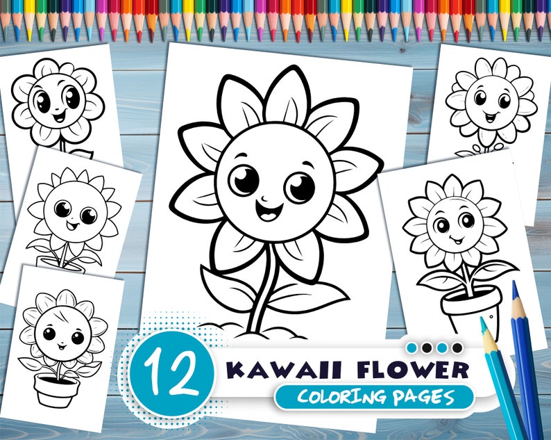 Kawaii flowers PDF coloring book Printable colouring pages for kids Cartoon potted flower, sunflower, houseplant thick outlines image 1