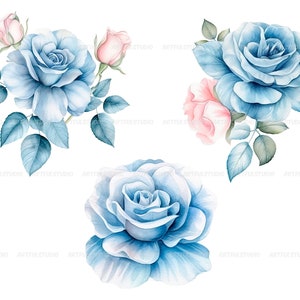 Watercolor blue delicate roses clipart flower illustration floral arrangements, dusty light blue rose pastel vintage wedding flowers image 9